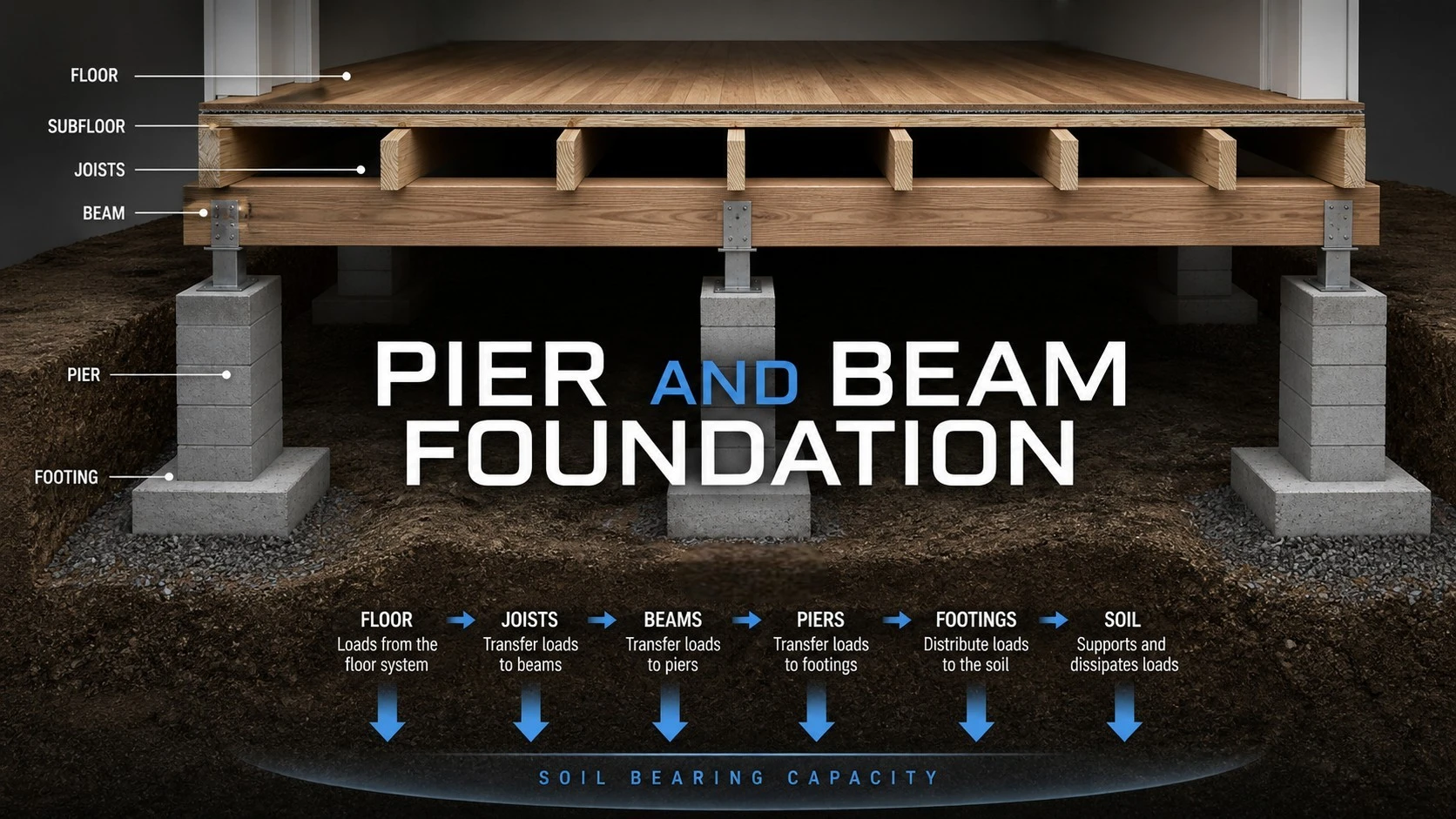 Cutaway view of pier and beam foundation components under a home