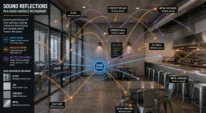 Sound waves reflecting across hard restaurant surfaces