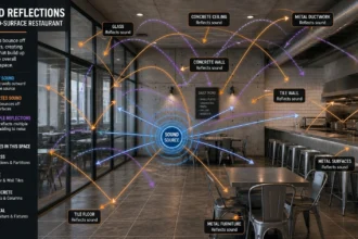 Sound waves reflecting across hard restaurant surfaces