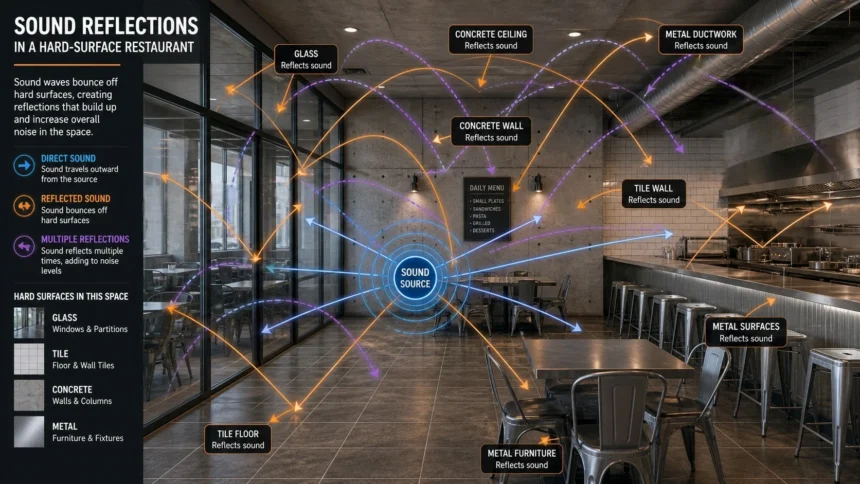 Sound waves reflecting across hard restaurant surfaces