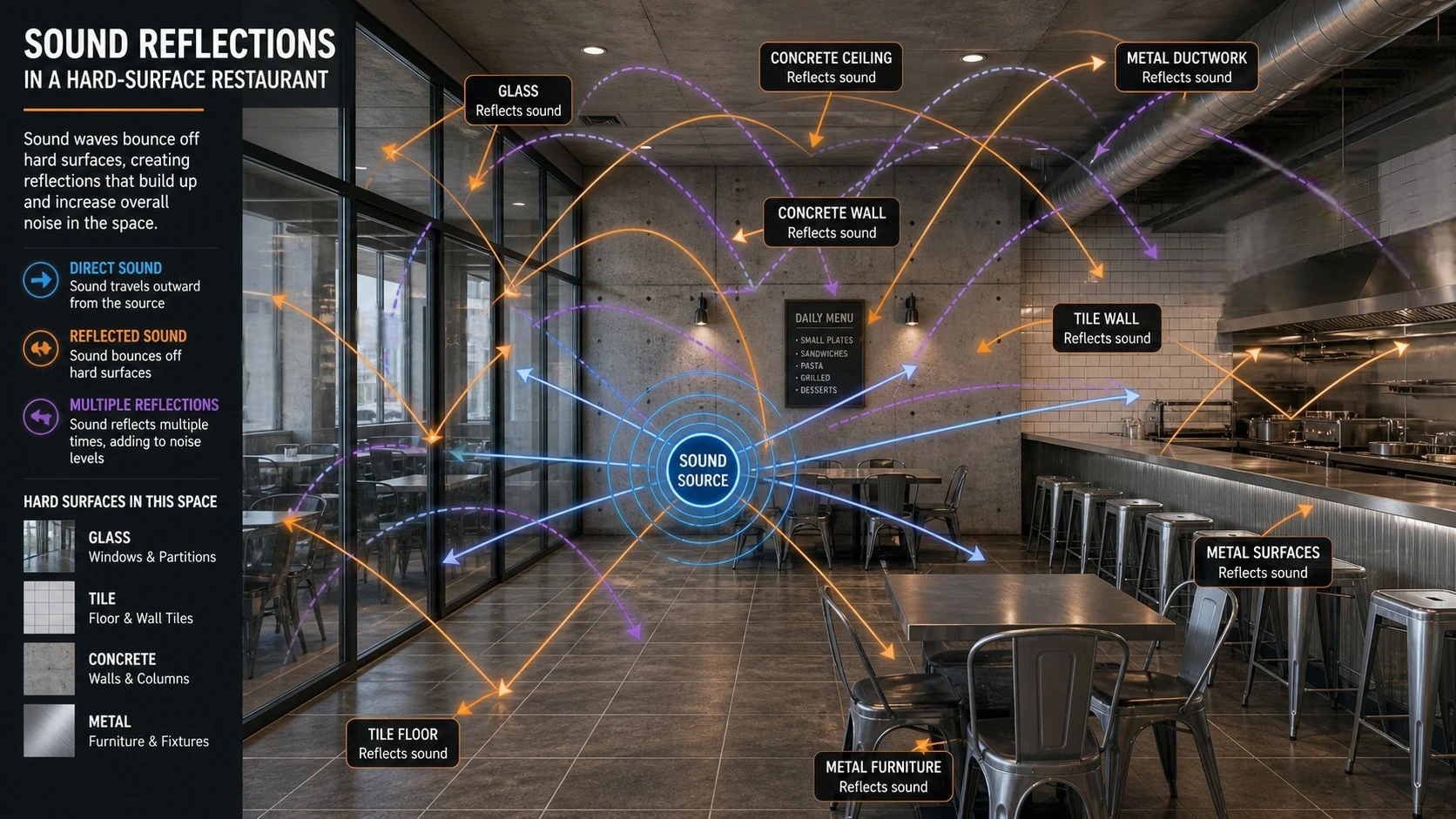 Sound waves reflecting across hard restaurant surfaces