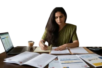 Indian comparing term insurance documents at home