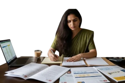 Indian comparing term insurance documents at home