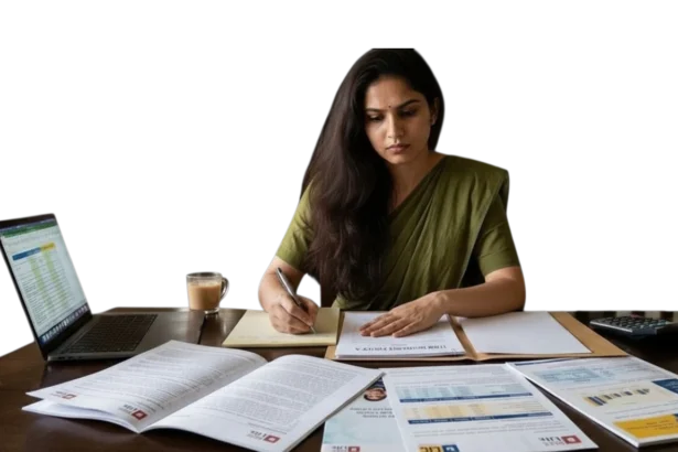 Indian comparing term insurance documents at home