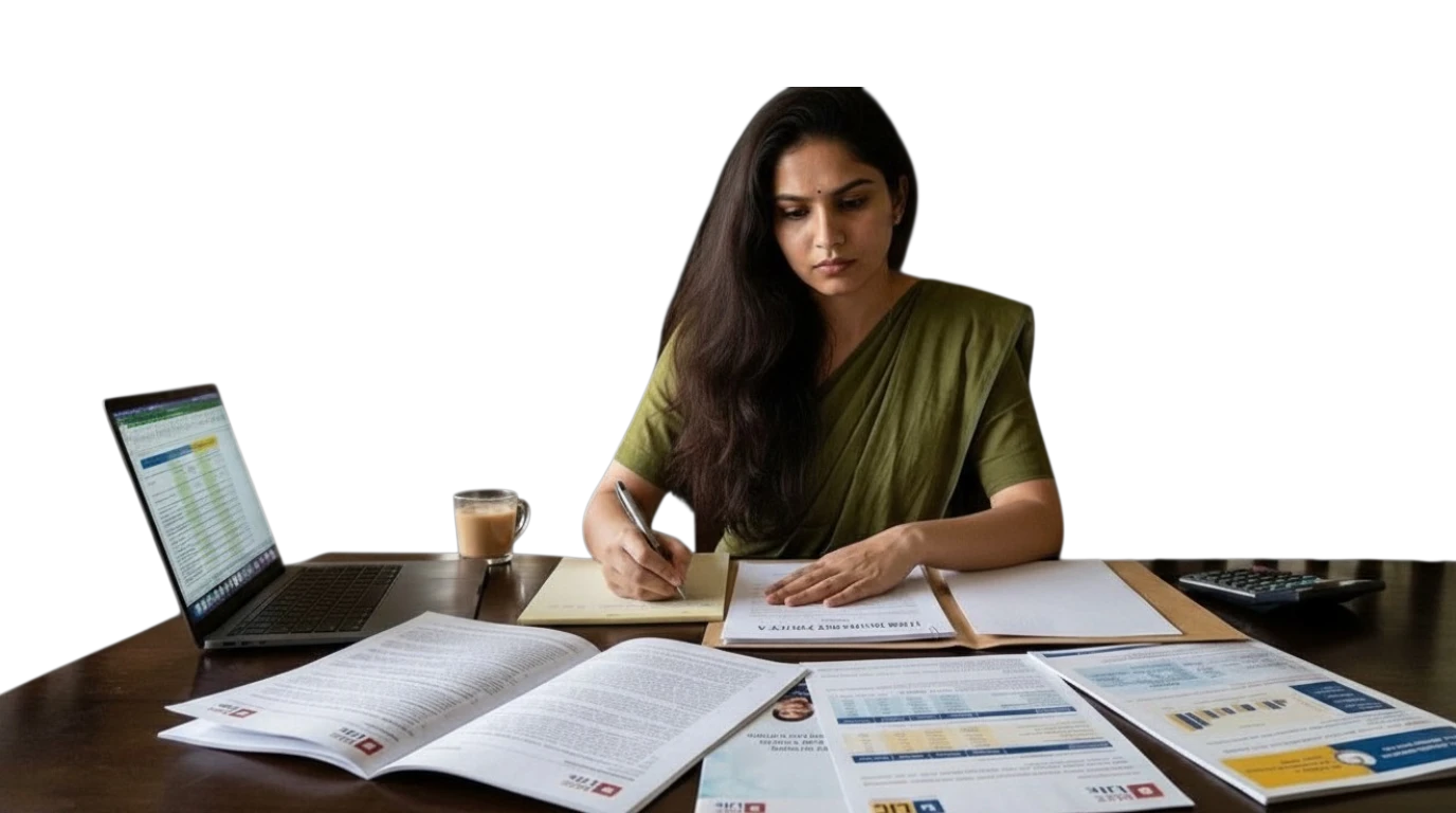 Indian comparing term insurance documents at home