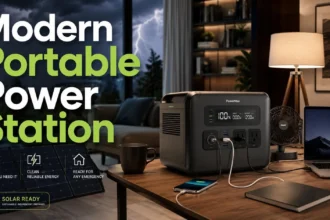 Modern portable power station powering home devices during an outage