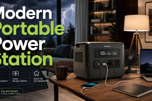 Modern portable power station powering home devices during an outage