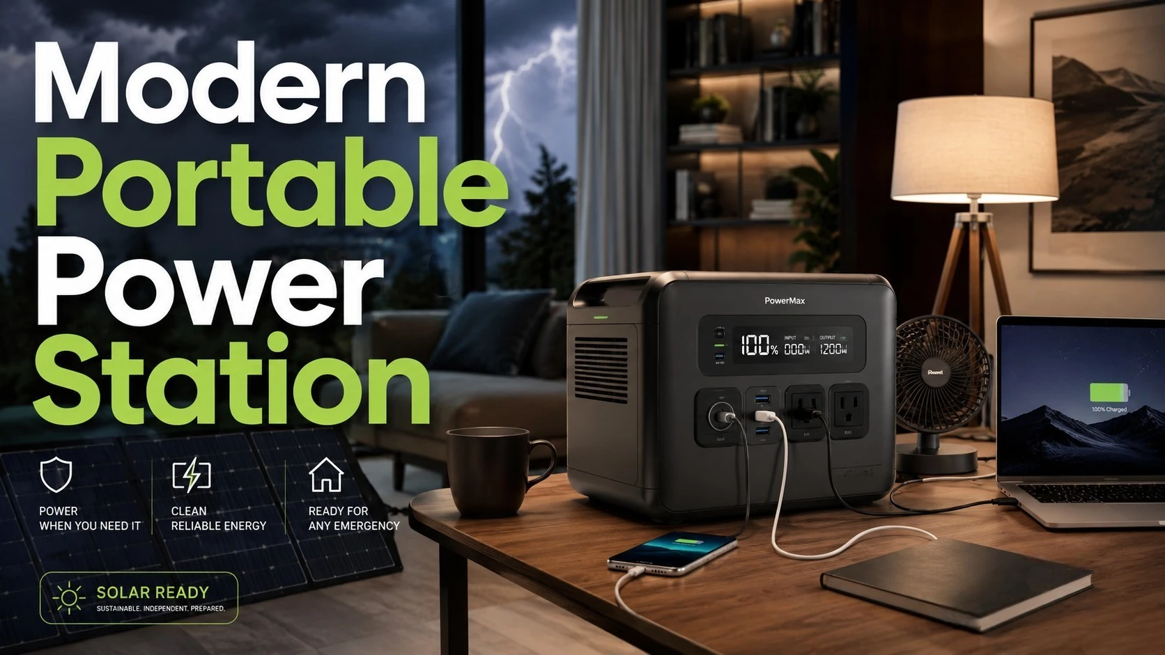Modern portable power station powering home devices during an outage