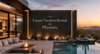 Luxury vacation rental home in Phoenix with desert landscaping and pool