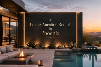 Luxury vacation rental home in Phoenix with desert landscaping and pool