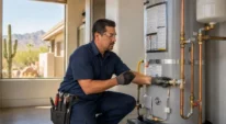 Plumber checking water heater and pipes in Phoenix home