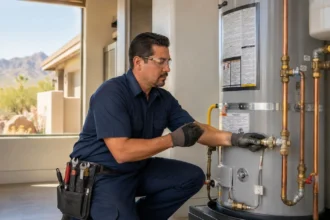 Plumber checking water heater and pipes in Phoenix home