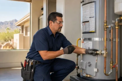 Plumber checking water heater and pipes in Phoenix home