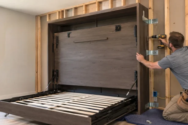 Murphy bed being mounted into wall studs