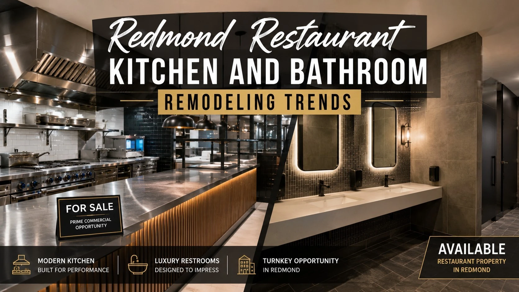 Modern Redmond restaurant kitchen and restroom remodel prepared for sale