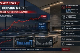 Modern home with mortgage rate chart and housing market data overlay