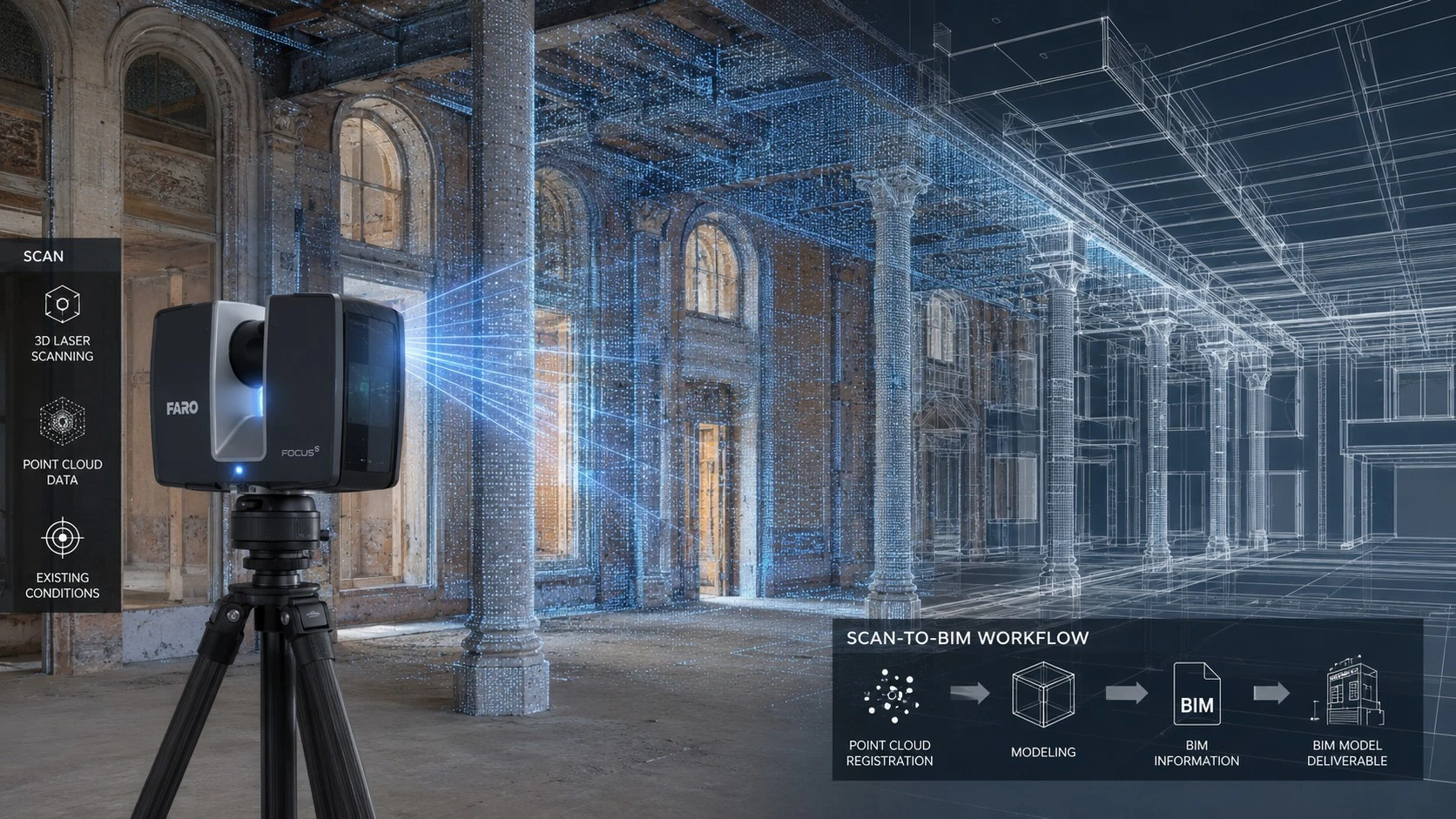 3D laser scanner capturing existing building conditions for Scan-to-BIM modeling