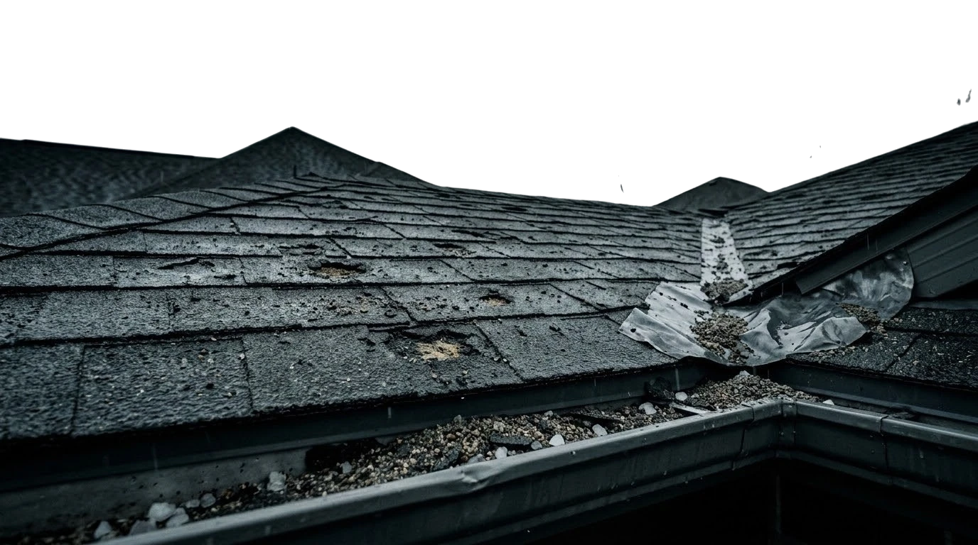 Hail-damaged roof shingles on a Dallas area home