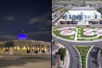 A side-by-side comparison of the East Plano Islamic Center's 3D and a real-life photo of the building