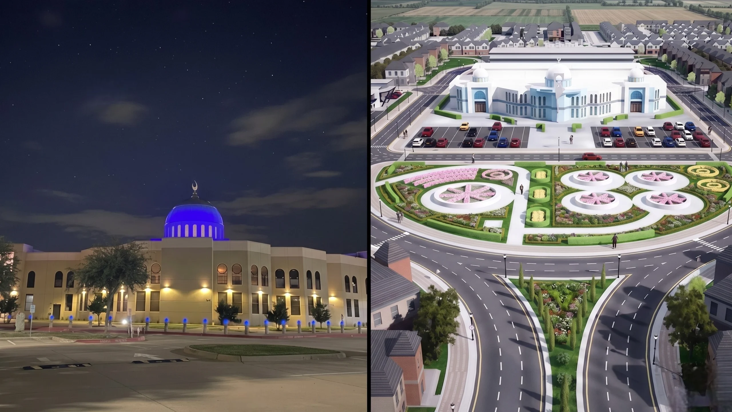 A side-by-side comparison of the East Plano Islamic Center's 3D and a real-life photo of the building