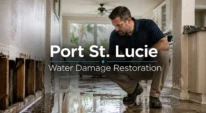 Water damage restoration crew inspecting a flooded Port St. Lucie home