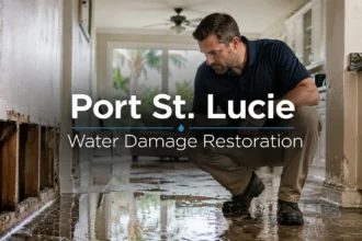 Water damage restoration crew inspecting a flooded Port St. Lucie home