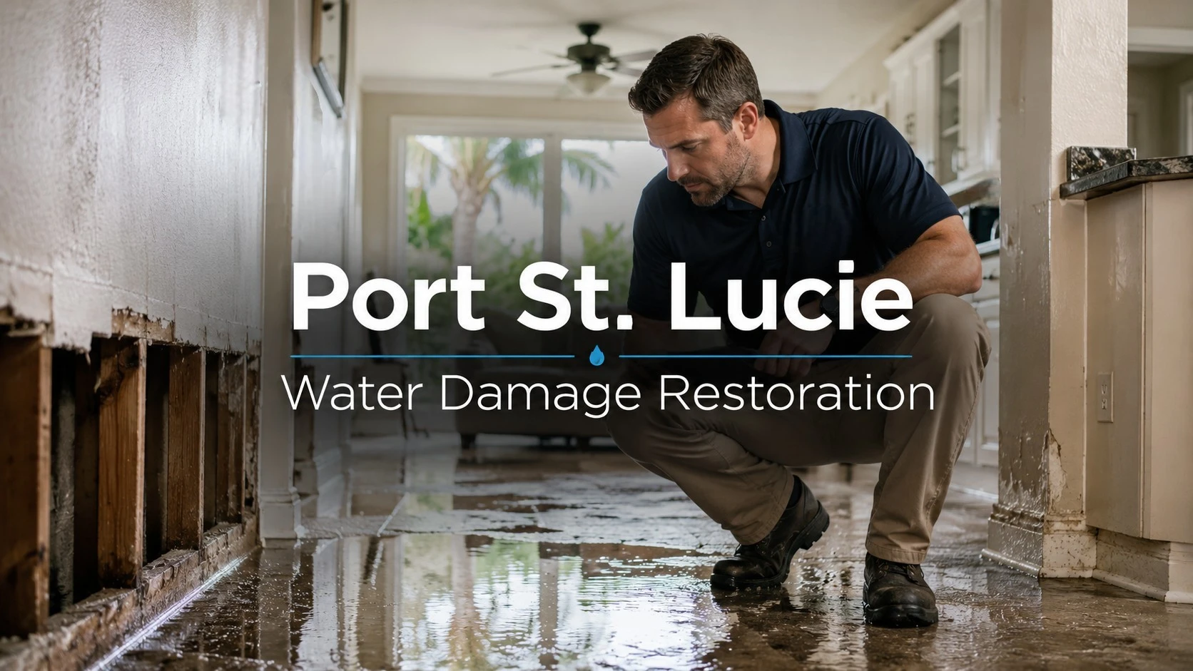 Water damage restoration crew inspecting a flooded Port St. Lucie home