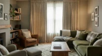 Heavy curtains reducing echo in a cozy living room