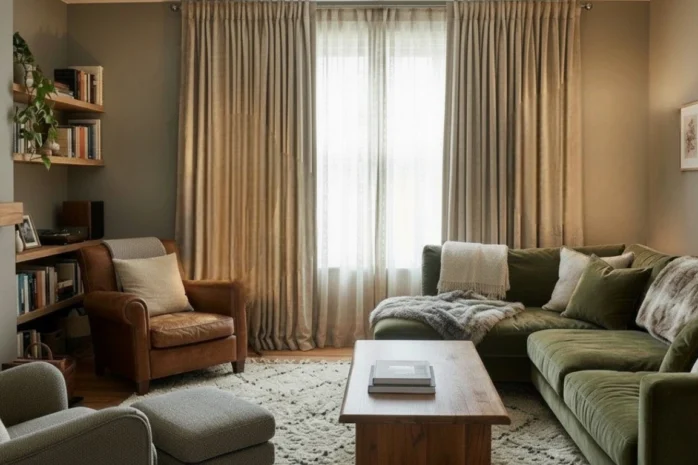 Heavy curtains reducing echo in a cozy living room