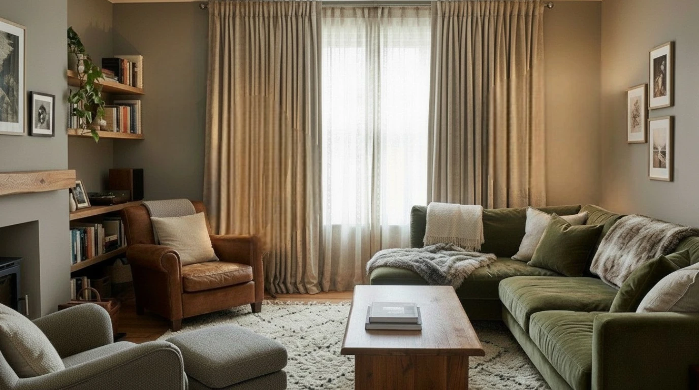 Heavy curtains reducing echo in a cozy living room
