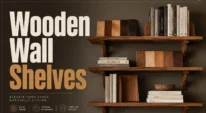 Wooden wall shelves with books, plants, brackets, and wood samples in a modern home