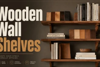 Wooden wall shelves with books, plants, brackets, and wood samples in a modern home