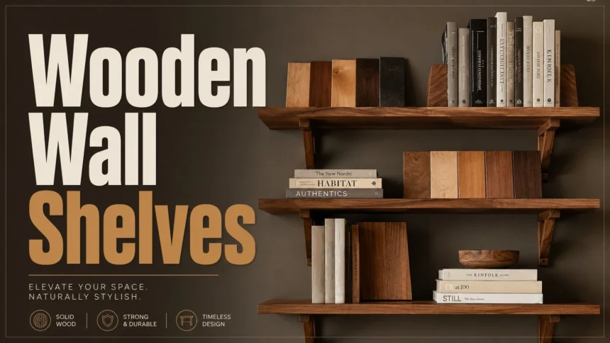 Wooden wall shelves with books, plants, brackets, and wood samples in a modern home