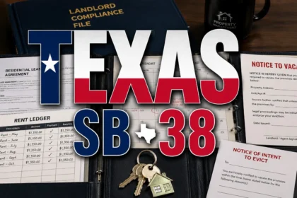 Texas landlord compliance file with rent ledger and eviction timeline