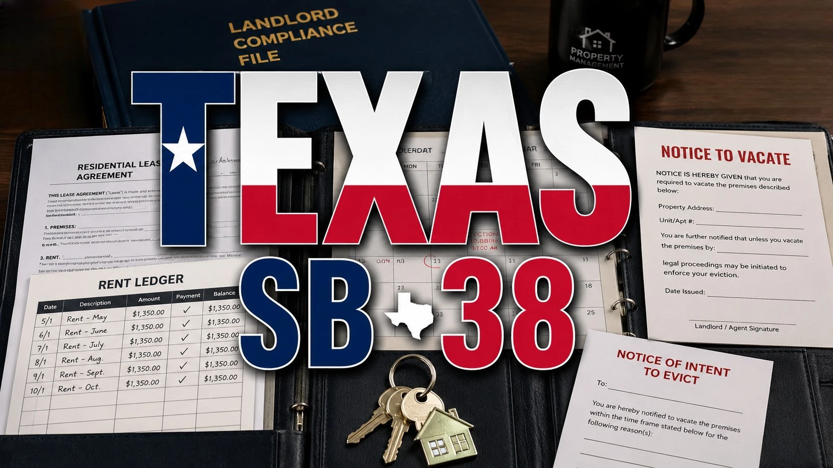 Texas landlord compliance file with rent ledger and eviction timeline