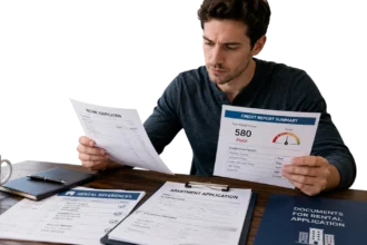 Renter reviewing apartment application documents with credit report and income proof