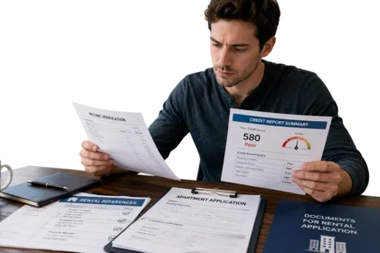 Renter reviewing apartment application documents with credit report and income proof