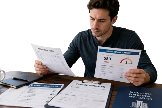 Renter reviewing apartment application documents with credit report and income proof