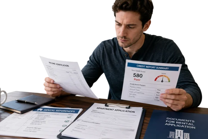 Renter reviewing apartment application documents with credit report and income proof