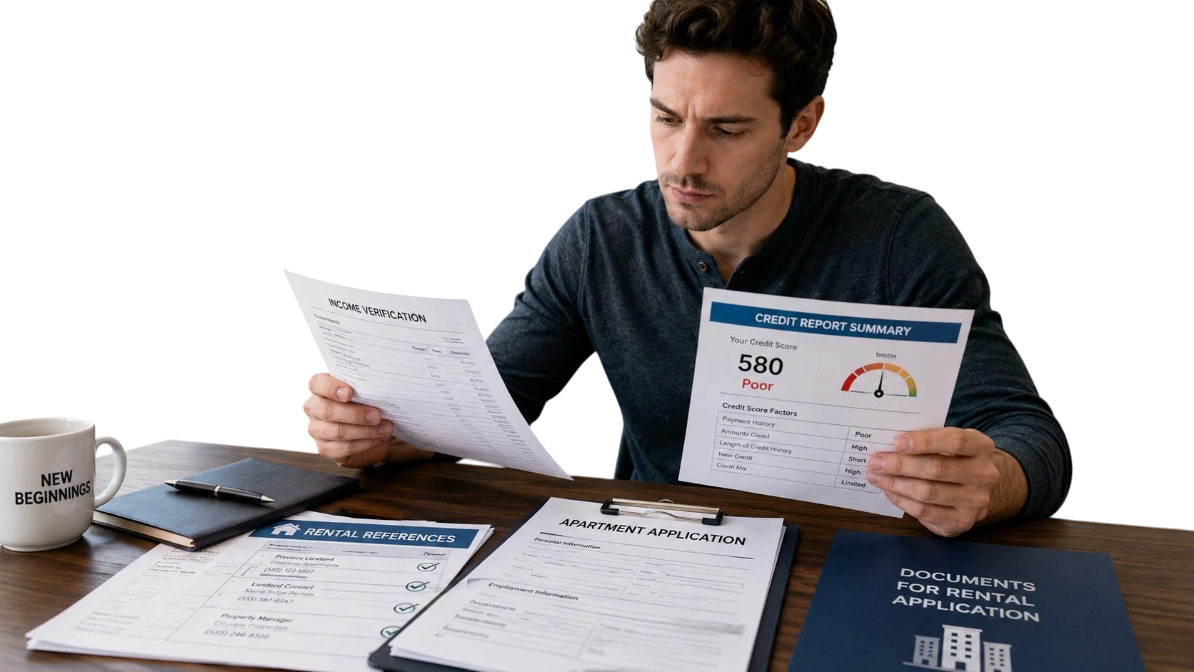 Renter reviewing apartment application documents with credit report and income proof