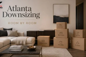 Atlanta downsizing boxes in a neat condo living room