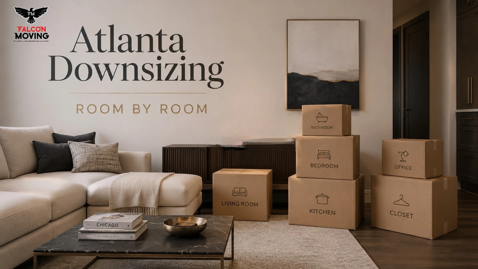 Atlanta downsizing boxes in a neat condo living room