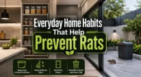 Clean Dallas home kitchen and patio with sealed food containers and covered trash bin