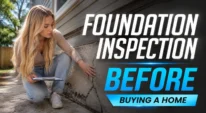 A homebuyer reviewing a foundation inspection near a visible slab crack