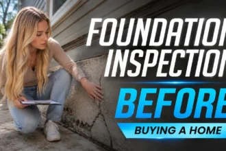 A homebuyer reviewing a foundation inspection near a visible slab crack