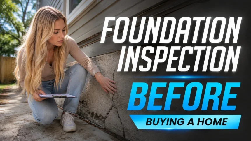 A homebuyer reviewing a foundation inspection near a visible slab crack