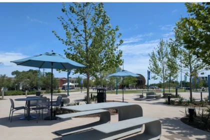 A sunny day shot of Halperin Park, featuring unique, curved concrete picnic benches
