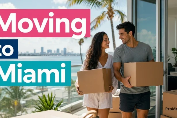 Couple moving to Miami near palm trees, condos, and Biscayne Bay