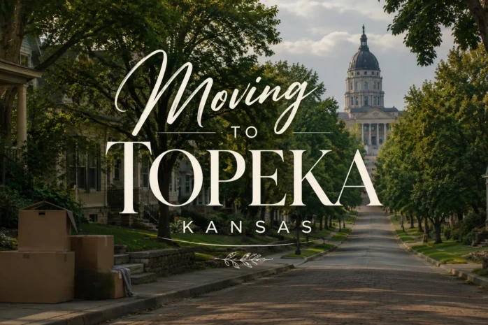 Tree-lined Topeka neighborhood with moving boxes and Kansas State Capitol in the distance