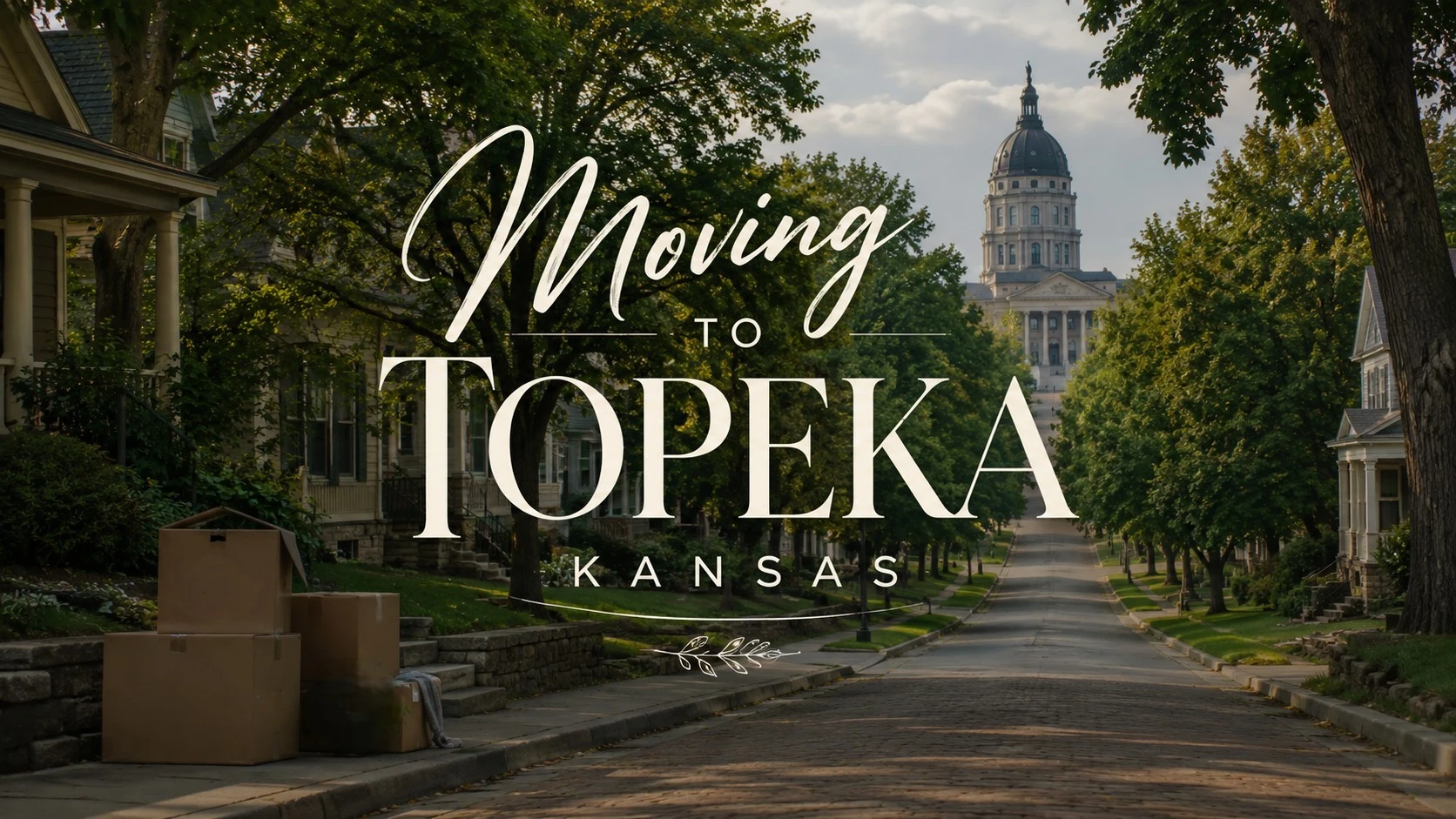 Tree-lined Topeka neighborhood with moving boxes and Kansas State Capitol in the distance